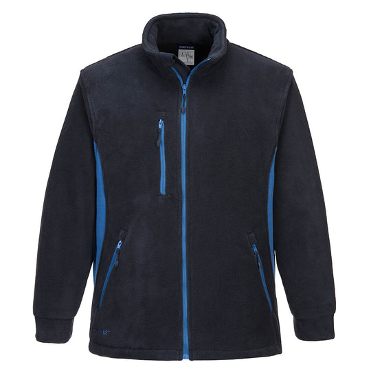 Heavy two-tone polar fleece jacket in navy and red with anti-pill finish and zip pockets