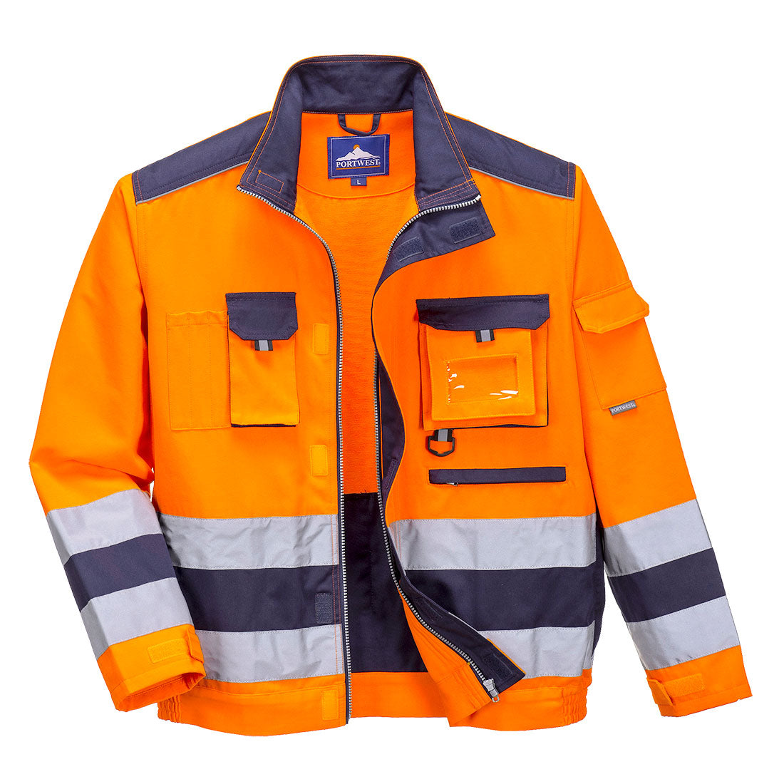 Hi-vis orange and navy contrast bomber jacket with secure front pocket, back cap holder and reflective accents