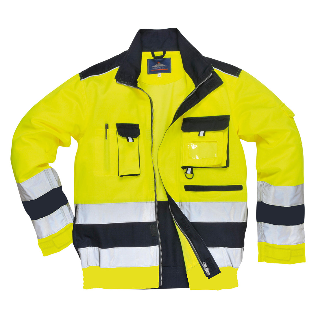 Hi-vis yellow and navy contrast bomber jacket with secure front pocket, back cap holder and reflective accents