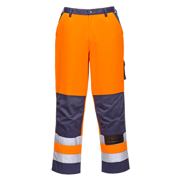 Portwest Lyon hi-vis orange and navy cargo work trousers, regular leg