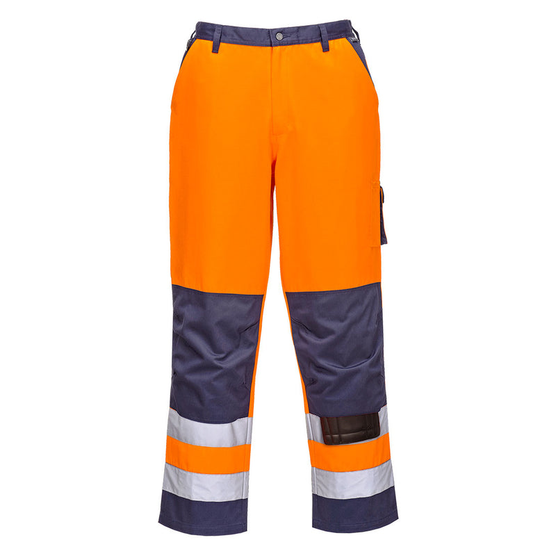 Portwest Lyon hi-vis orange and navy cargo work trousers, tall leg