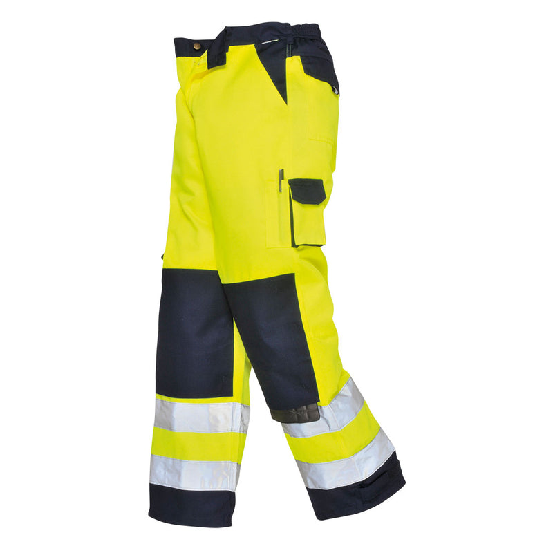 Portwest Lyon hi-vis yellow and navy cargo work trousers, tall leg