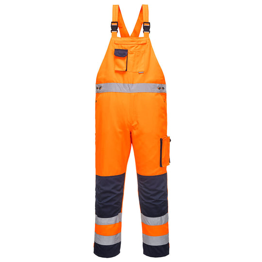 Portwest Girona Hi-Vis Contrast Work Bib and Brace (TX72) in Orange and navy.
