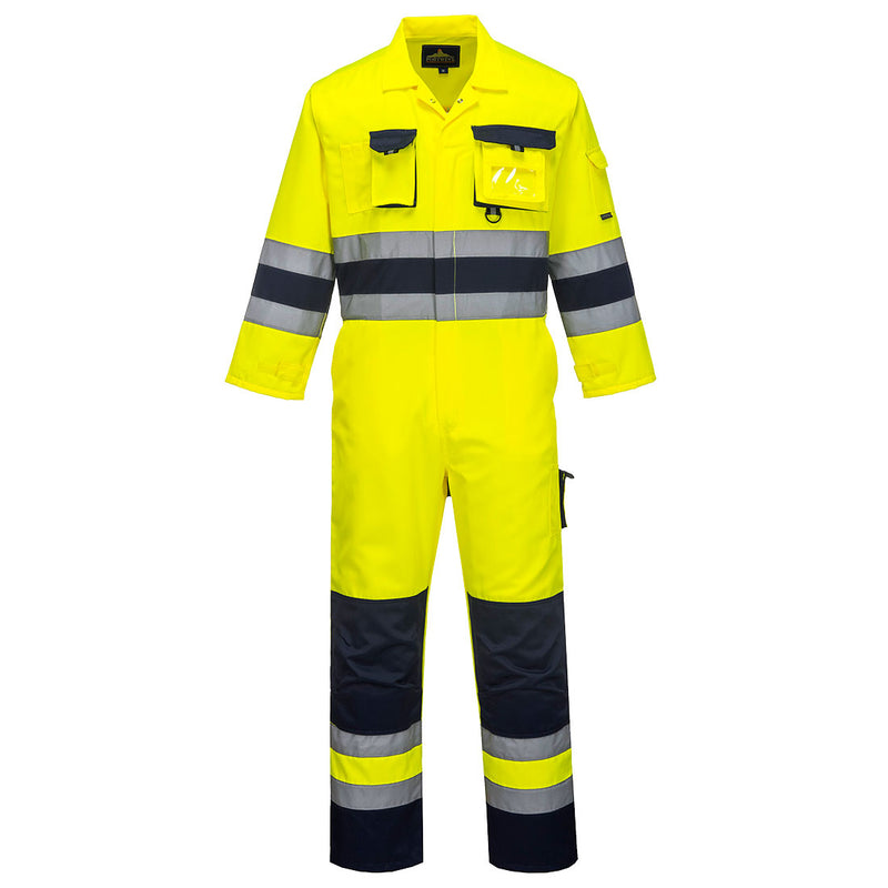 Yellow Portwest flame-resistant safety coverall with tape