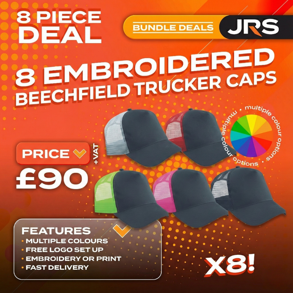 8x Beechfield Embroidered/Printed Trucker Caps Bundle with Company Logo