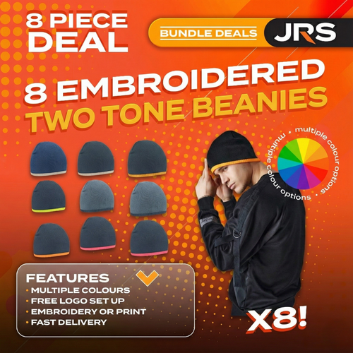 8x Two-Tone Embroidered Beanie Hats with Company Logo