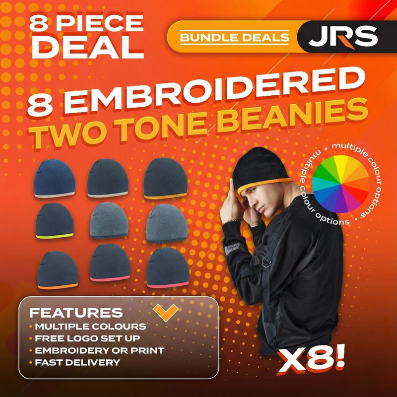 8x Two-Tone Embroidered Beanie Hats with Company Logo