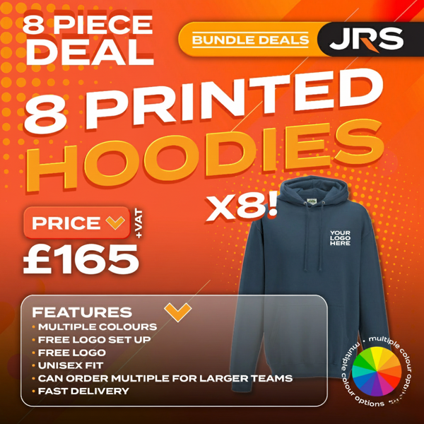 8 Personalised Embroidered/Printed Hoodies with Free Logo