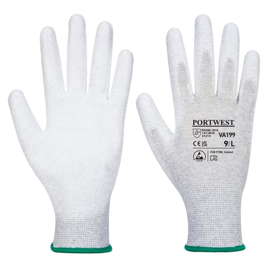 White Portwest ESD-safe inspection gloves with green cuff trim, front and back views 
