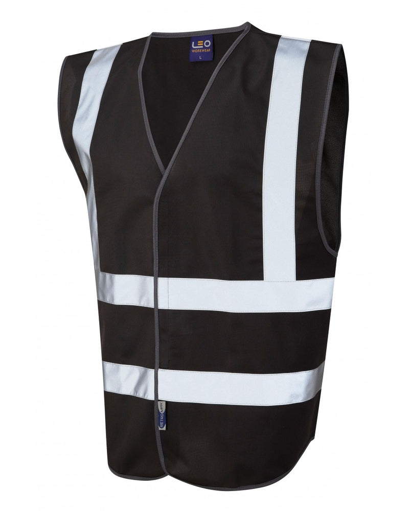 Leo Workwear Pilton coloured reflective waistcoat in solid black. A sleek and modern take on the classic safety vest.