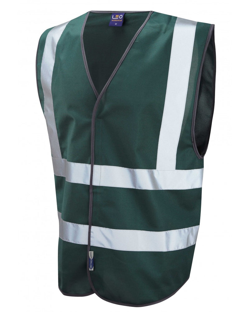 Bottle green Leo Workwear Pilton coloured reflective waistcoat. Durable and high-quality safety vest for varied work sites.