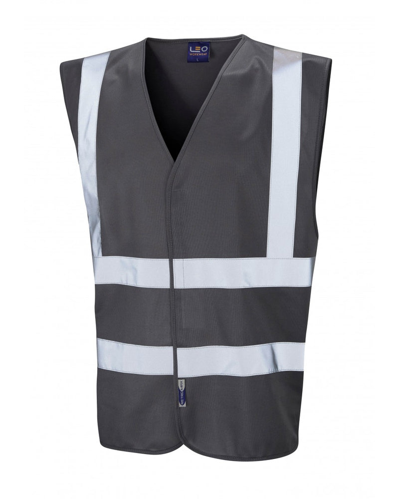 Stylish grey Leo Workwear Pilton coloured reflective waistcoat. Combines modern aesthetics with essential safety features.