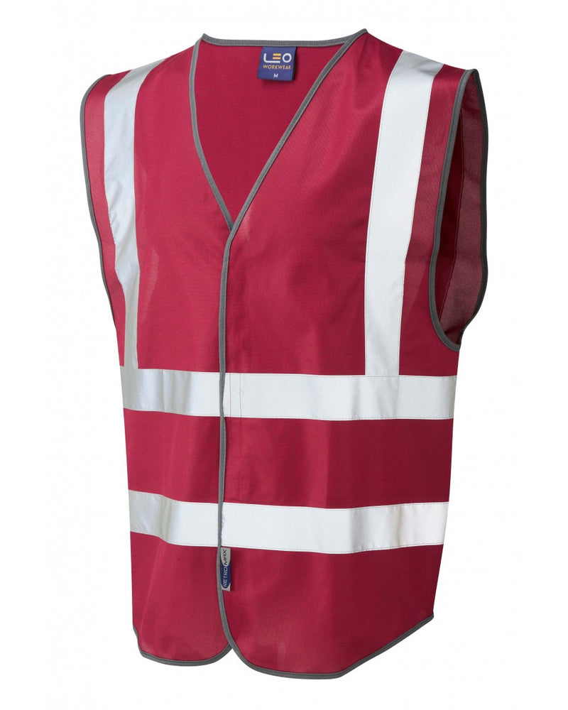 Rich maroon Leo Workwear Pilton coloured reflective waistcoat. A unique and professional option for hi-vis workwear.