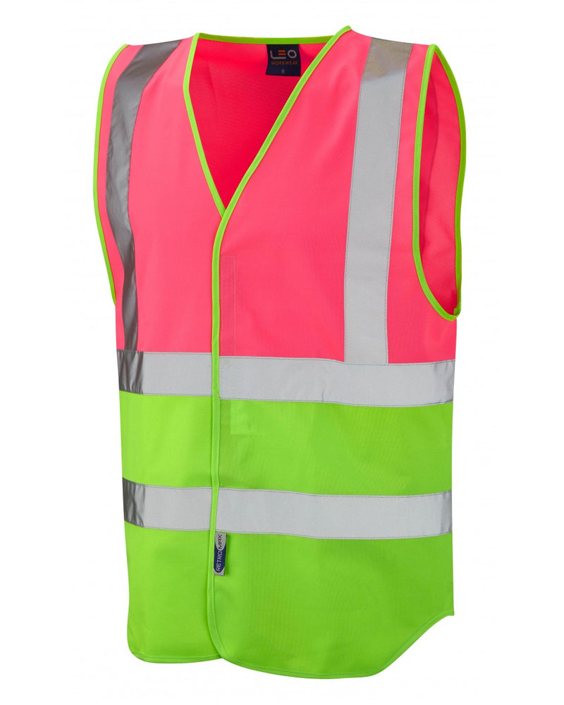 Women's pink hi-vis vest by Leo Workwear with reflective tape and zip closure for stylish safety