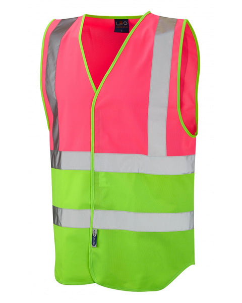 Women's pink hi-vis vest by Leo Workwear with reflective tape and zip closure for stylish safety