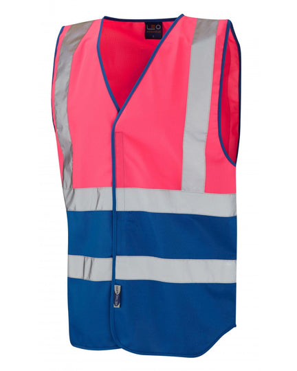 Hi-vis women's vest in pink and orange by Leo Workwear, featuring reflective bands and zip front