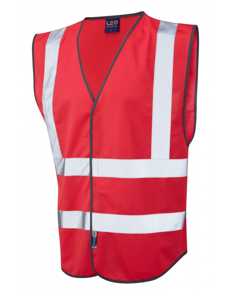 Women's red hi-vis vest by Leo Workwear featuring reflective stripes and tailored side contours