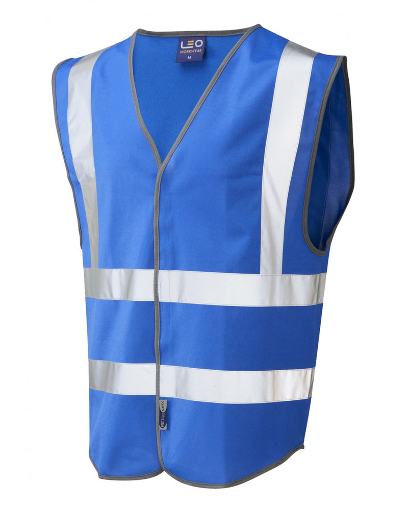 Women's blue high-visibility vest by Leo Workwear featuring reflective tape and side contouring