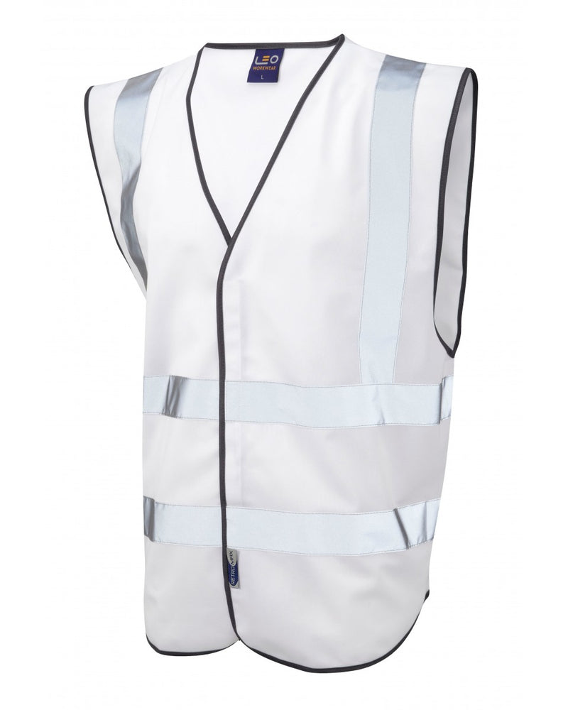 White women's hi-vis vest by Leo Workwear with reflective striping and contoured side panels