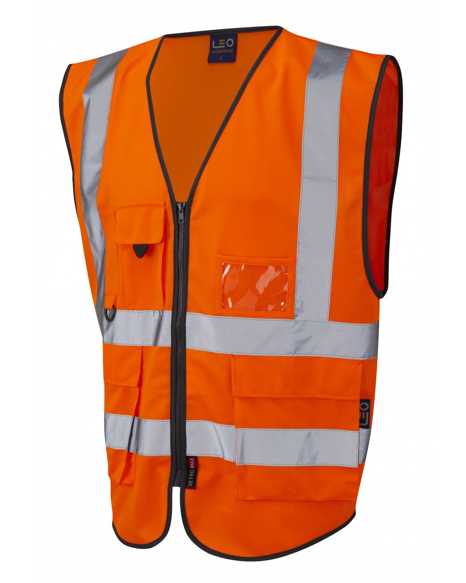 Bright orange Leo Workwear Lynton ISO 20471 Class 2 superior waistcoat with reflective tape and ID pocket.