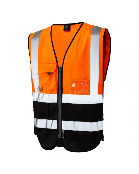 Hi-vis orange and black Leo Workwear Lynton waistcoat, providing Class 1 visibility and a smart look.