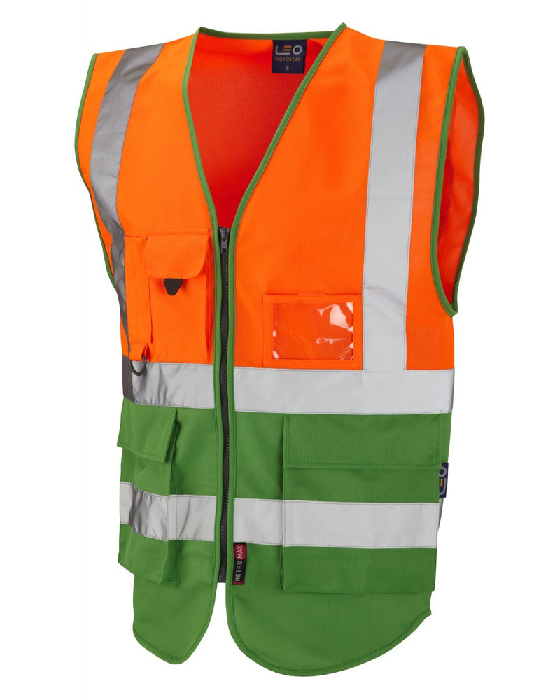 Leo Workwear Lynton Class 1 waistcoat in a distinctive hi-vis orange and green color combination.