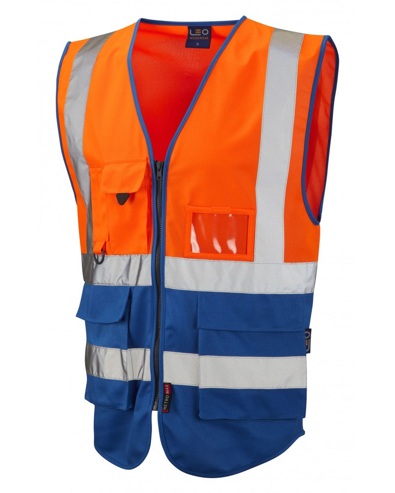 Leo Workwear Lynton superior waistcoat in hi-vis orange and royal blue for corporate branding.