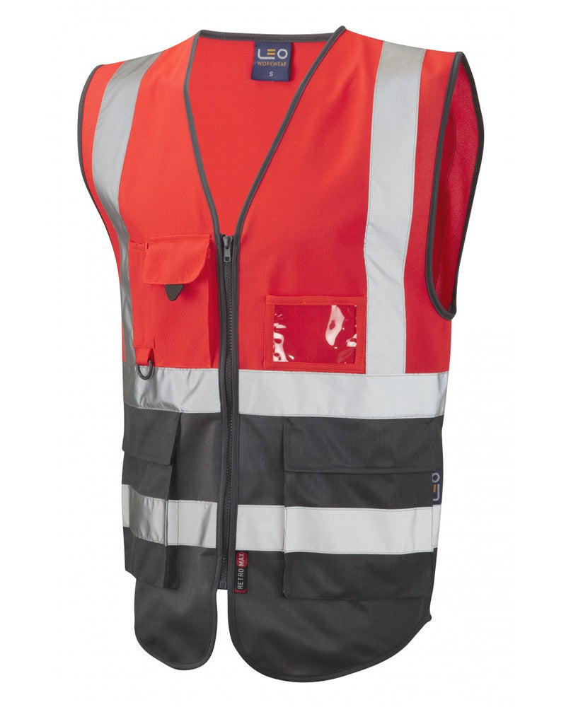 Hi-vis red and grey Leo Workwear Lynton Class 1 waistcoat, ideal for marshalling and event staff.