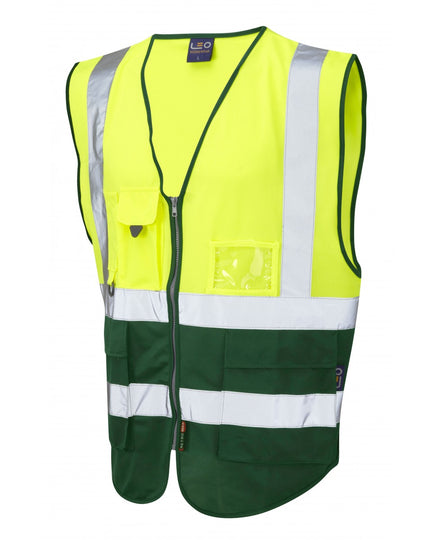 Leo Workwear Lynton ISO 20471 Class 1 superior waistcoat in yellow with blue trim. High-quality safety vest for work.