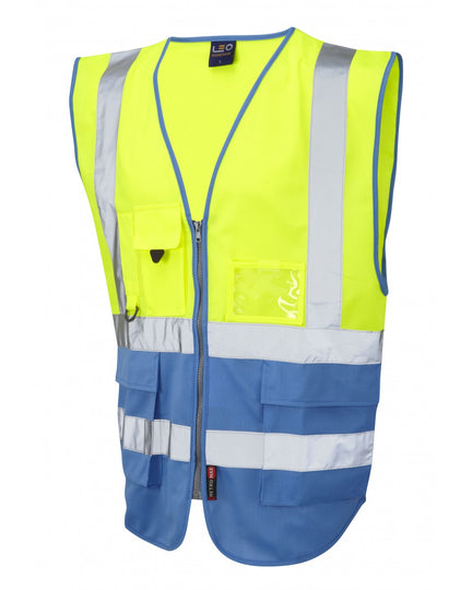 Hi-vis yellow Leo Workwear Lynton superior waistcoat with dark shoulder panels.