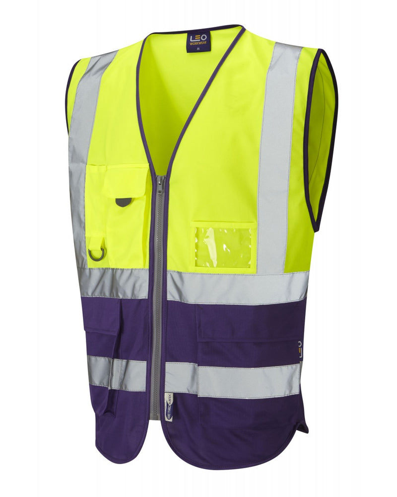 Hi-vis yellow Leo Workwear Lynton waistcoat with purple trim. A unique colour combination for a superior safety vest.