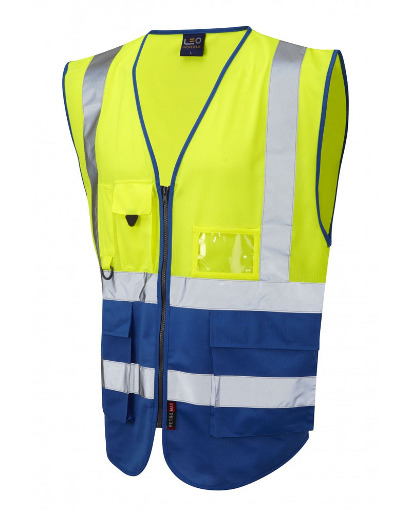 Leo Workwear Lynton superior waistcoat in hi-vis yellow and royal blue.