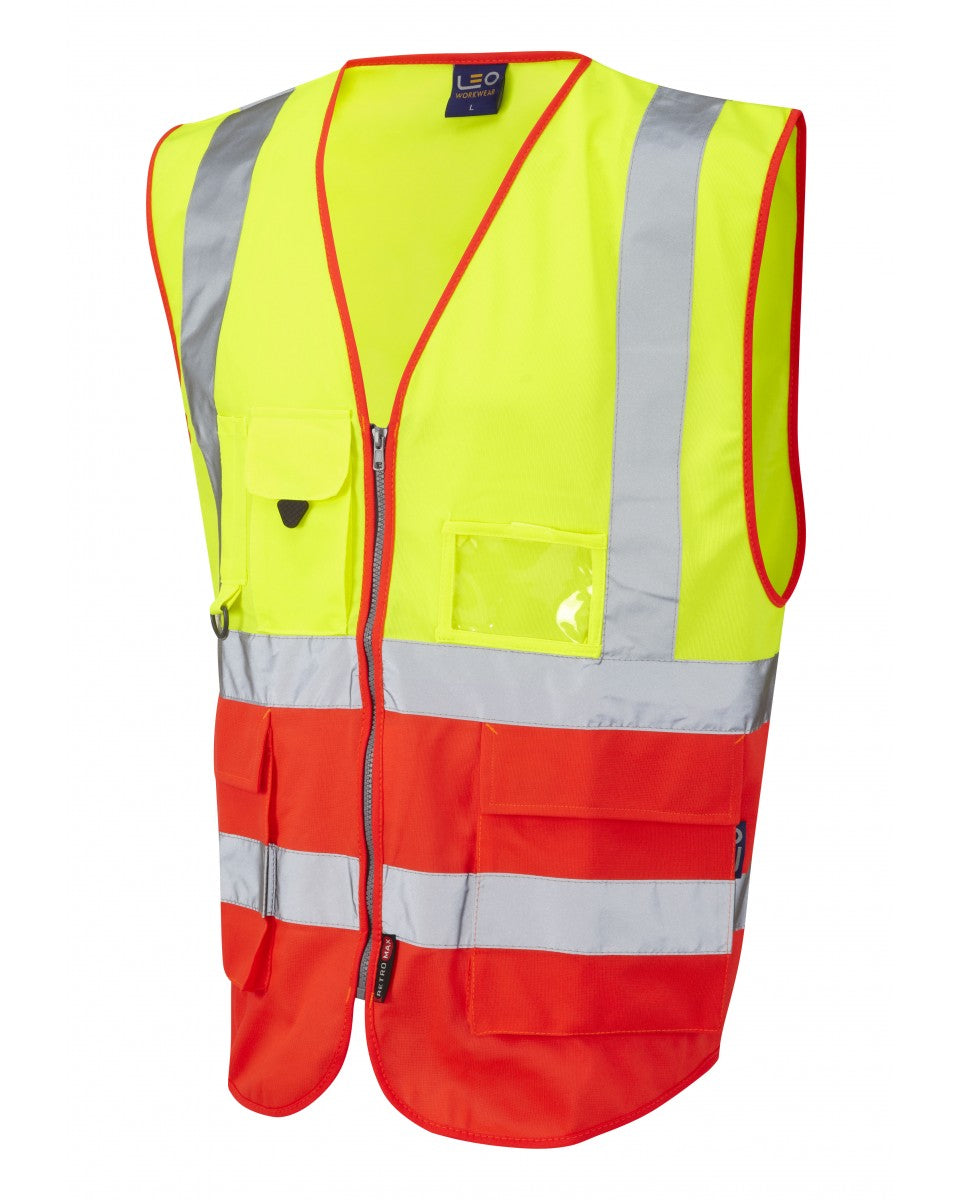 High-visibility yellow and red Leo Workwear Lynton superior waistcoat with multiple utility pockets.
