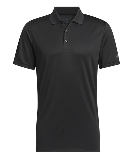Classic black Adidas Performance polo shirt. Front view showing the textured fabric.