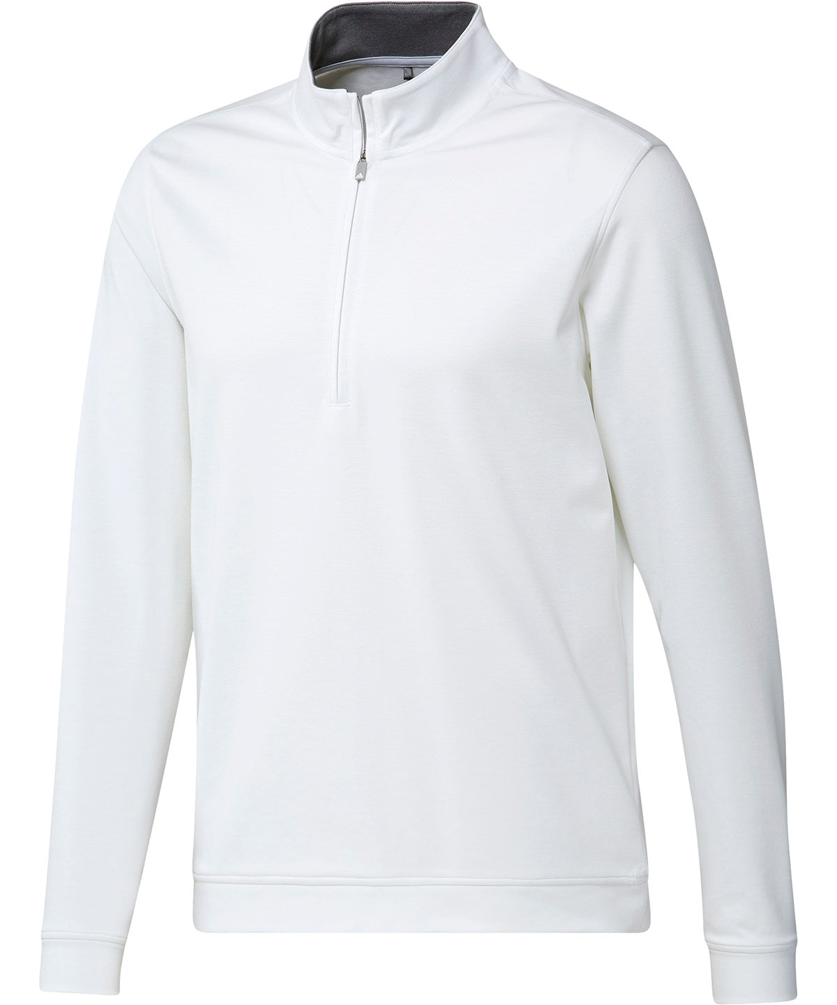 Clean white Adidas elevated zip sweatshirt, shown with the zipper partially down.