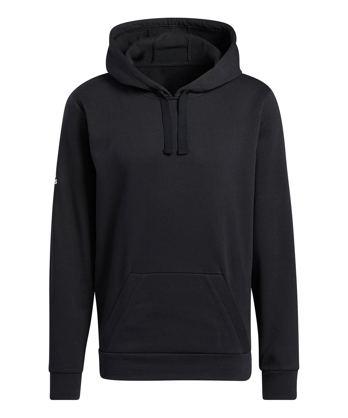 Adidas fleece hoodie in black with a drawstring hood and kangaroo pocket.