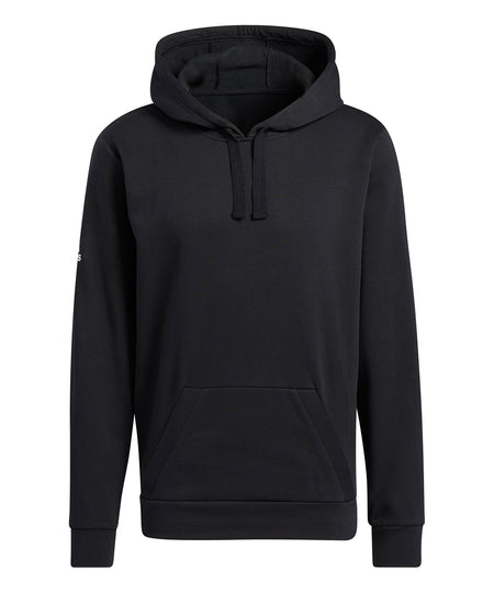 Adidas fleece hoodie in black with a drawstring hood and kangaroo pocket.