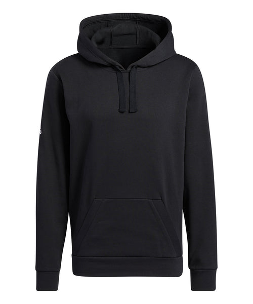 Adidas fleece hoodie in black with a drawstring hood and kangaroo pocket.