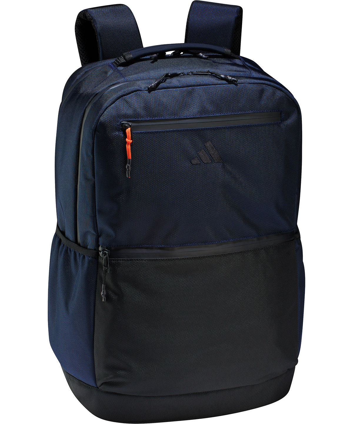 Adidas backpack in legend ink blue, showing its main compartment and front zip pocket.