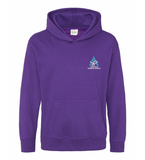 A purple Armadale PS House Hoodie for kids, embroidered with the school crest.