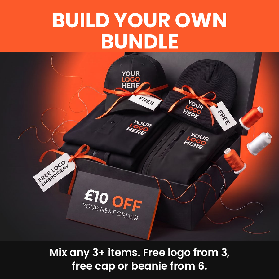 Build your own bundle: mix any 3+ items, free logo from 3, free cap or beanie from 6