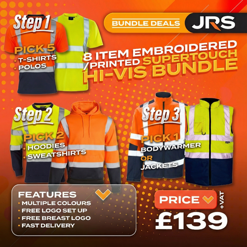8 Item Embroidered/Printed Hi-Vis Workwear Bundle - Supertouch Polos, T-Shirts, Hoodies & Bodywarmer