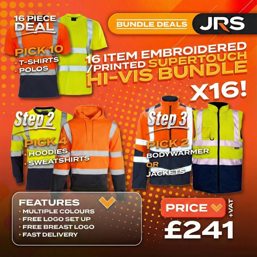 16 Item Embroidered/Printed Hi-Vis Workwear Bundle - Supertouch Polos, T-Shirts, Hoodies & Bodywarmers