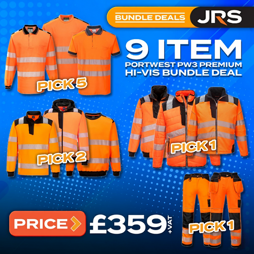 9 Item Embroidered/Printed Portwest PW3 Premium Hi-Vis Bundle Deal