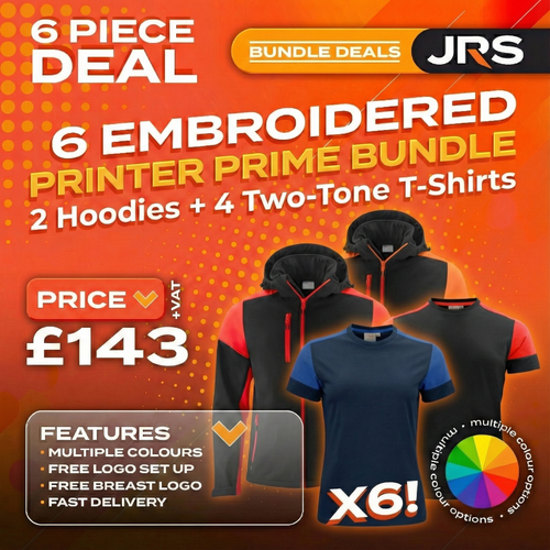 6 Item Embroidered Workwear Printer Prime Bundle  2x Two-Tone Hoodies & 4x Two-Tone T-Shirts with Company Logo