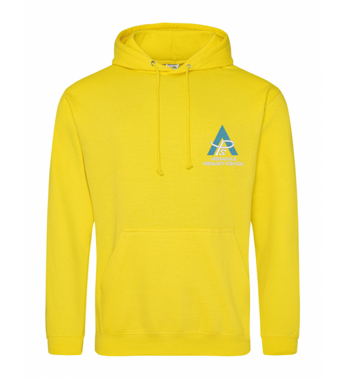 A kids' Armadale PS House Hoodie in sun yellow with the school crest embroidered on the chest.