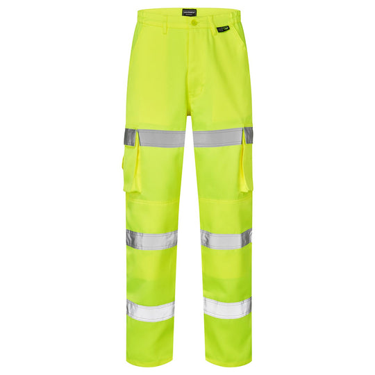 Long fit Supertouch hi-vis yellow work trousers with 3 reflective bands.