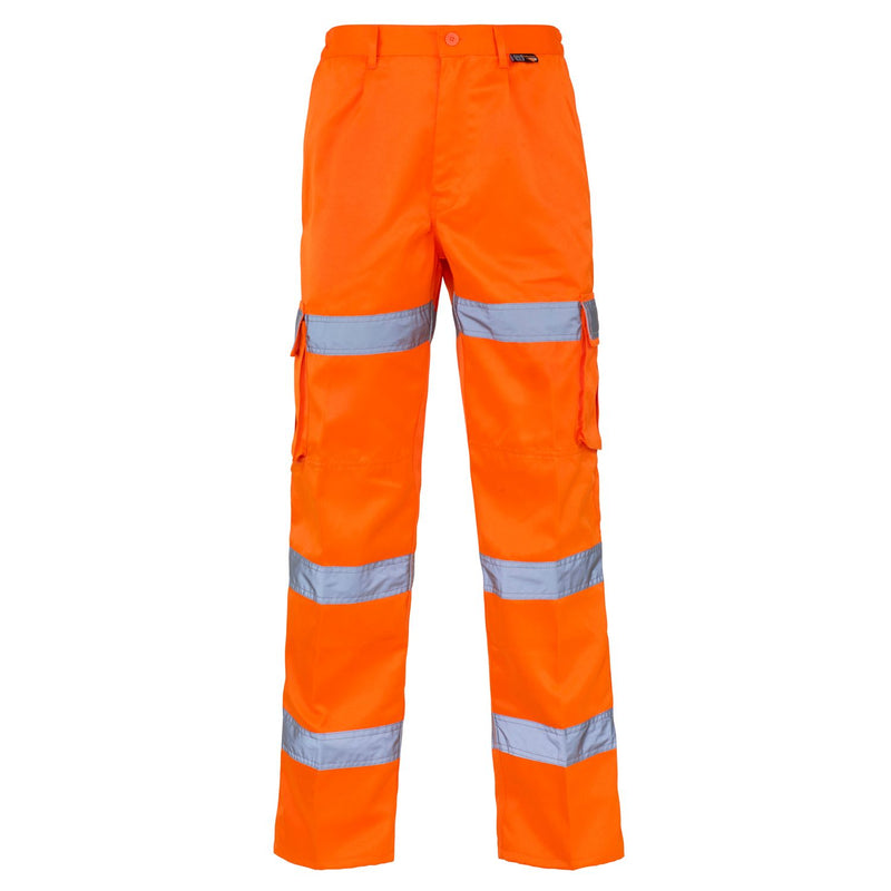 Supertouch hi-vis orange combat trousers with three reflective bands.