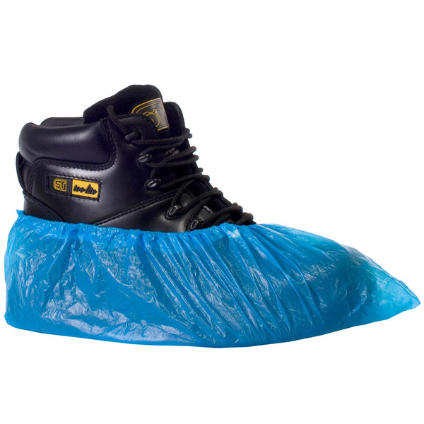 Blue CPE disposable overshoes for floor protection.