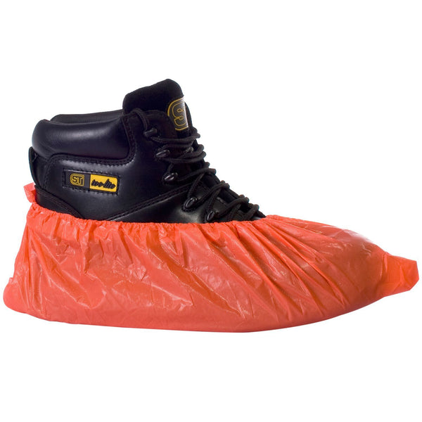 Orange CPE disposable overshoes for clean environments.